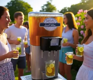 "Party guests serving Arnold Palmer tea from a drink dispenser"