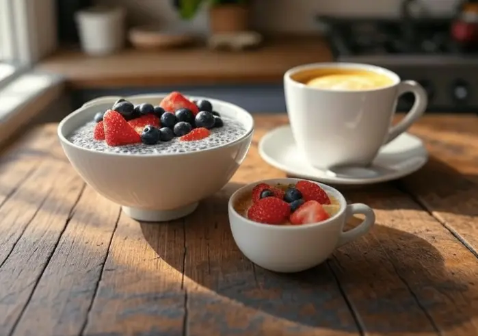 Chia pudding with berries and turmeric latte on wooden table