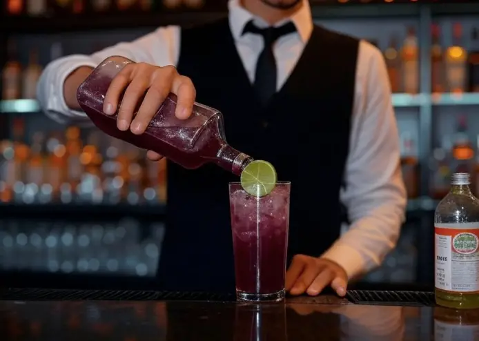 “Bartender pouring ingredients into a transfusion cocktail with lime and ice.”