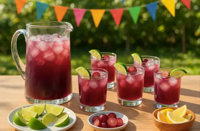 “Pitcher of transfusion cocktail ready for party service with garnished glasses.”