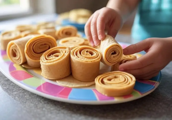 Peanut butter banana tortilla pinwheels, easy lunch snack for kids.