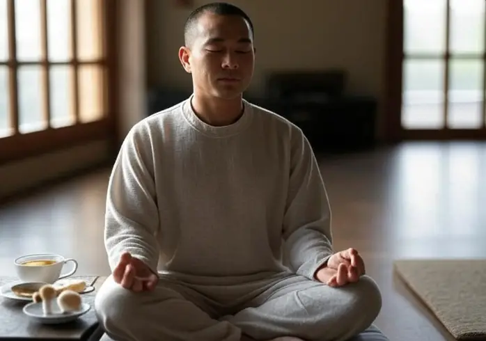Person meditating with Reishi and Lion’s Mane mushrooms to reduce stress and cravings