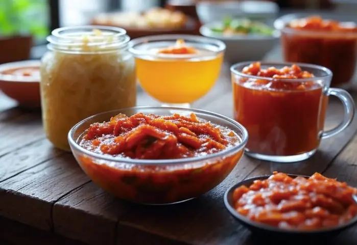 Fermented foods and detox-friendly soup on a clean countertop