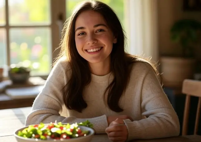Woman smiling while journaling with healthy food on the table