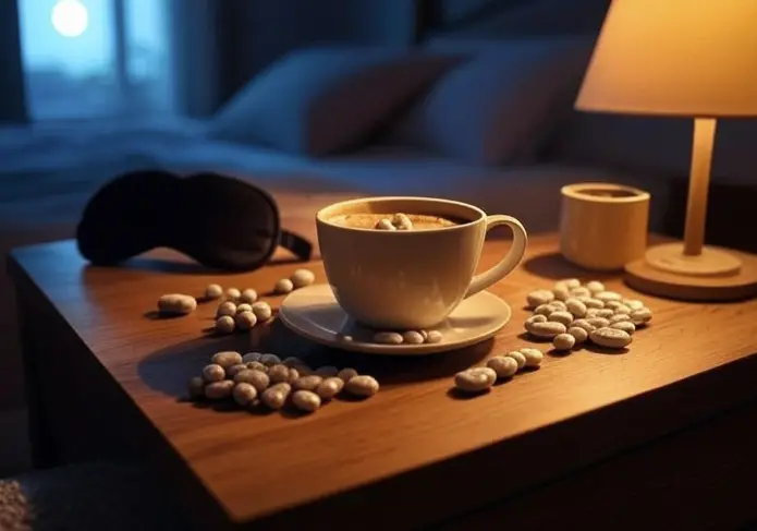Reishi mushroom supplements and coffee supporting restful sleep on bedside table