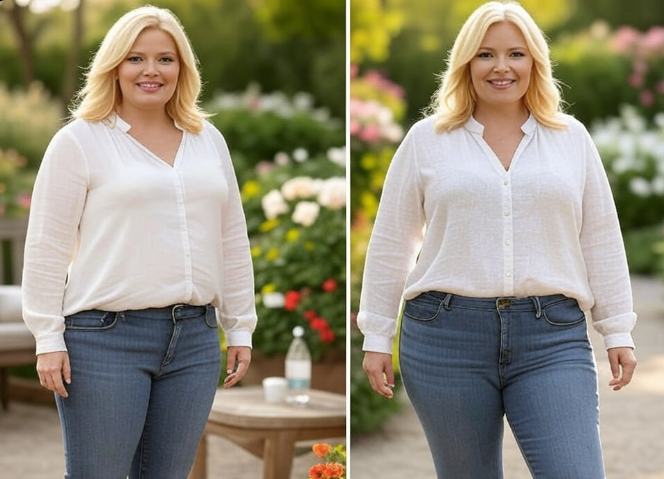 Side-by-side before and after photos showing Melissa Peterman’s 60-pound weight loss journey