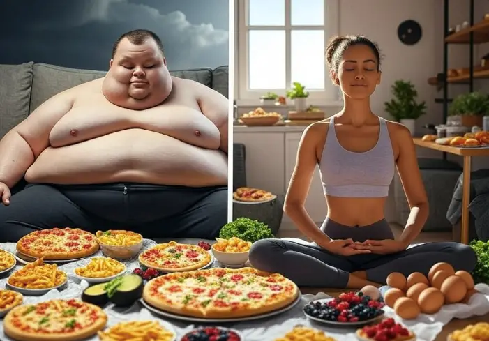 Side-by-side visual One side showing junk food and sluggishness, the other showing vibrant whole foods and energy, with a woman meditating or smiling on the healthy side.
