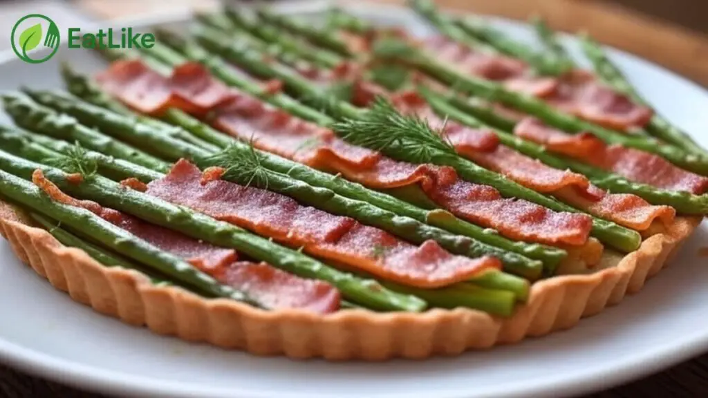 Elegant asparagus tart with bacon and ricotta.