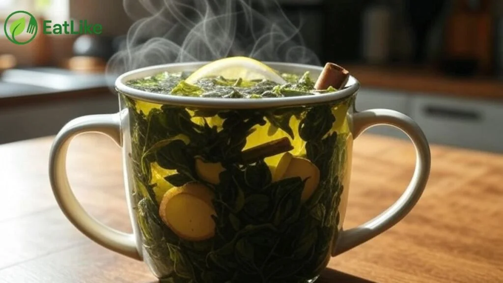 Clock next to a mug of tea on a sunny morning table, or tea on a bedside nightstand at night.