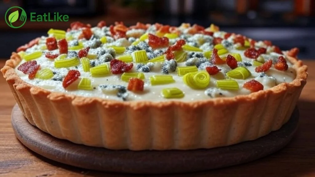 Tart with bacon, leeks, and crumbled blue cheese.