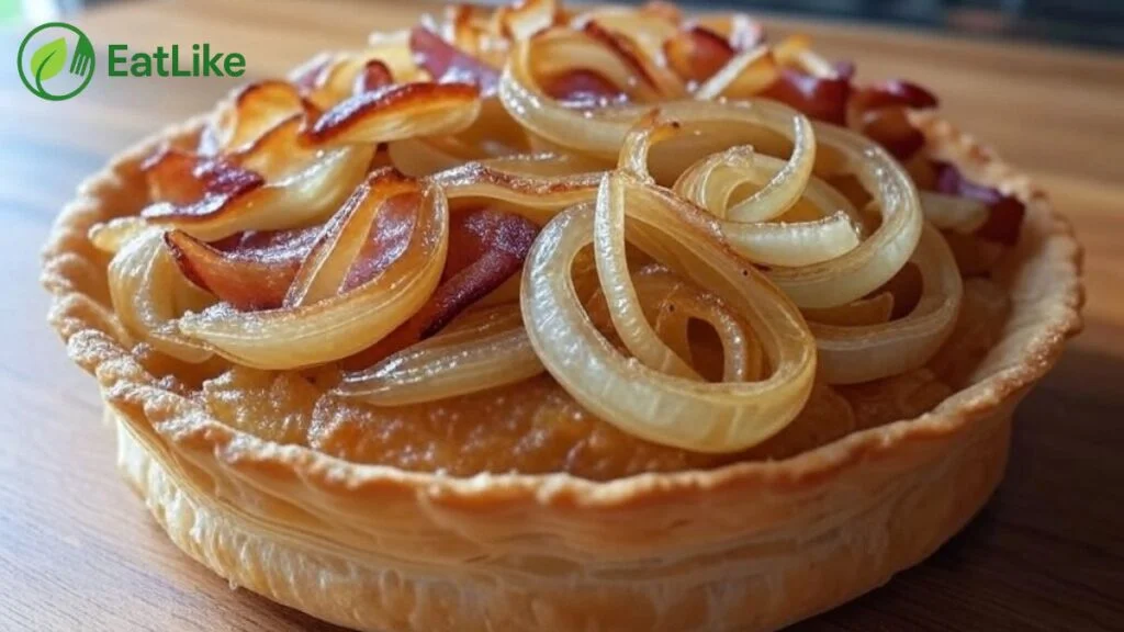 Tart topped with sweet onions and bacon bits.