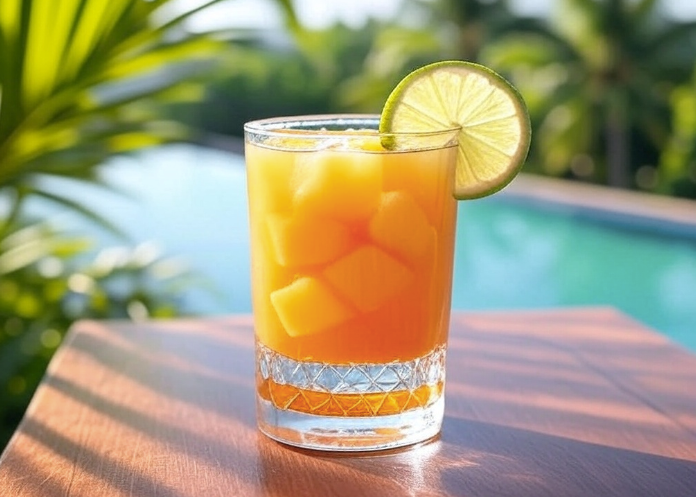 “Tropical transfusion drink with mango and pineapple juices in a summery setting.”