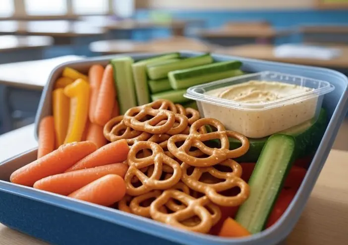 Veggie dipper lunchbox with hummus and colorful raw vegetables.