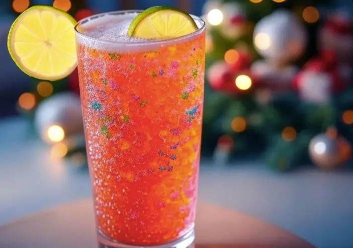 “Non-alcoholic transfusion mocktail with grape juice, soda, and lime.”