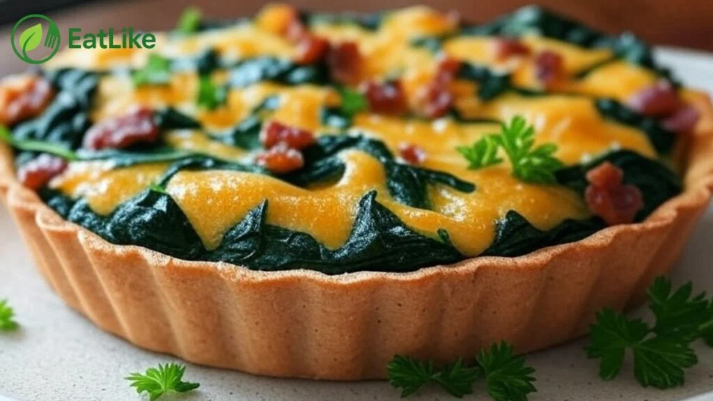 Savoury tart filled with spinach, cheddar, and bacon.