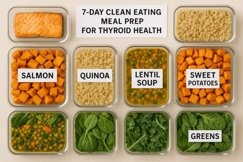 “14-day hypothyroidism meal prep containers with thyroid-boosting foods.”