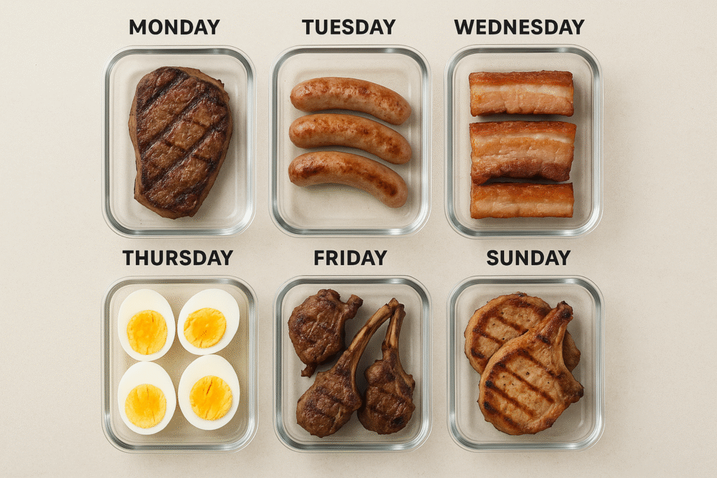 “7-day carnivore breakfast meal prep containers with steak, eggs, and meat options”