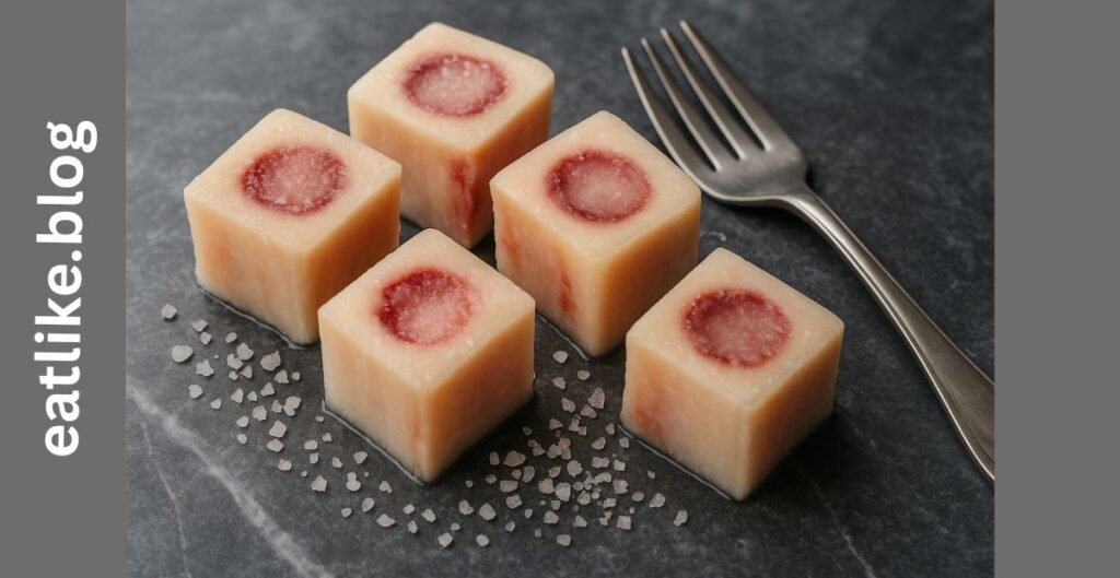 Beef bone marrow cubes served cold with sea salt on stone tray