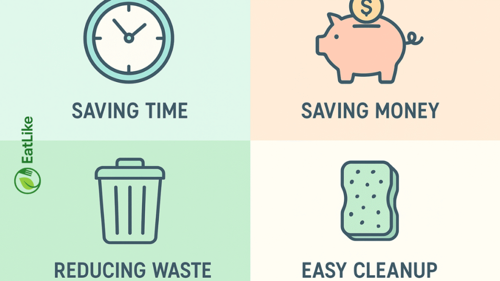 Icons representing the benefits of simple cooking: time-saving, cost-effective, less waste, and quick clean-up.