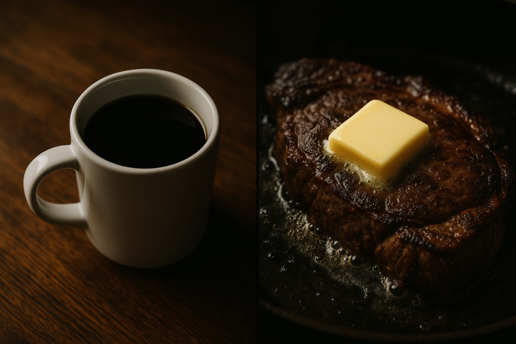 “Black coffee and grass-fed butter shown as optional carnivore diet additions”