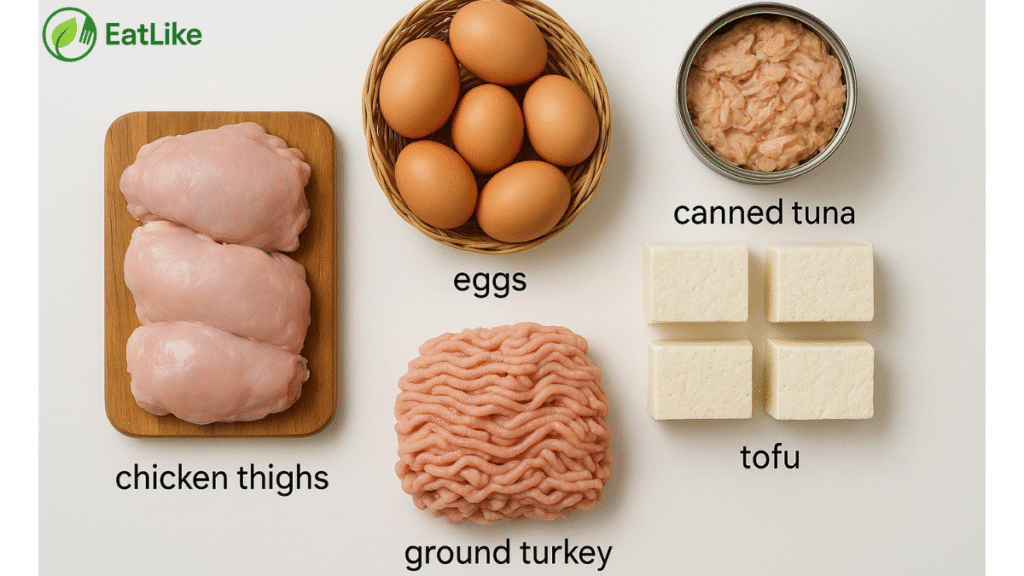 A selection of affordable proteins like eggs, tofu, tuna, and chicken thighs for simple meals.