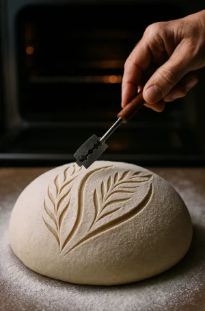"Baker scoring crescent sourdough loaf with curved designs before baking"