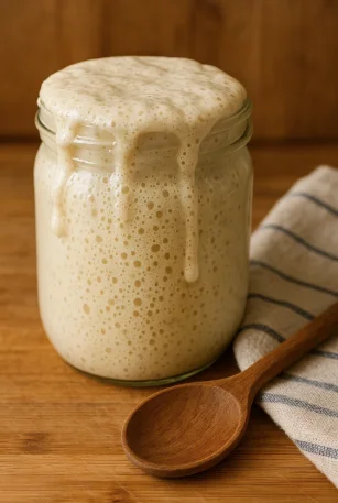 "Active sourdough starter with bubbles in a glass jar, ready for baking"