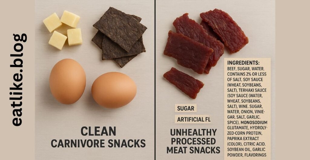 Comparison of clean vs processed carnivore diet snacks with ingredients visible