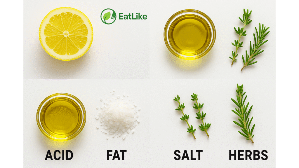 “A side-by-side image showing lemon, olive oil, sea salt, pepper, and herbs like thyme and rosemary — labeled as ‘Acid, Fat, Salt, and Herbs’ — clean white background.”