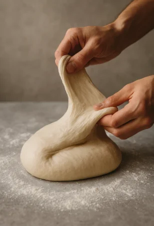 "Hands folding sourdough dough on floured surface during fermentation"