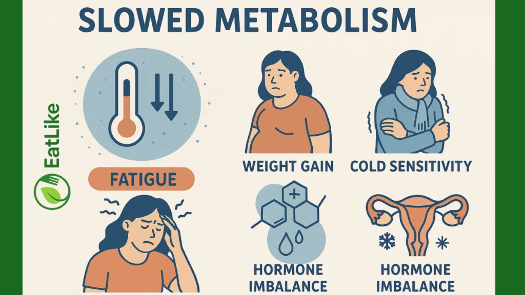 Infographic explaining symptoms and metabolism slowdown in hypothyroidism