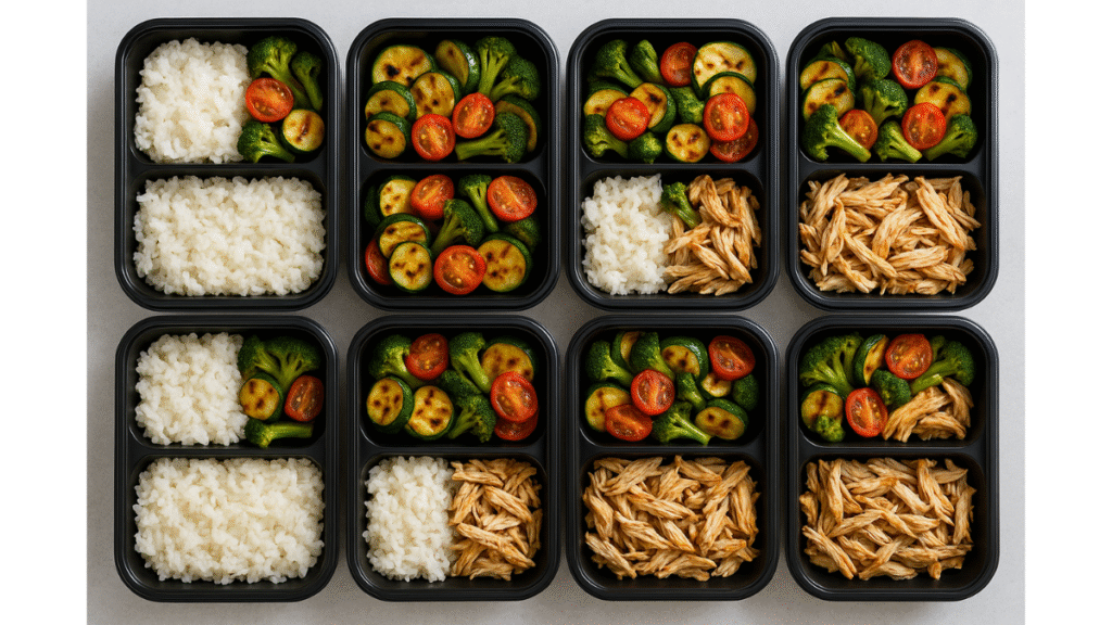 Make-ahead ingredients like rice, roasted veggies, and chicken stored in glass containers for easy leftovers.