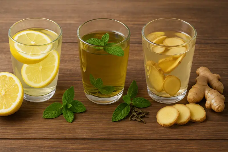 “Natural detox drinks for thyroid health lemon water, green tea, and ginger water.”