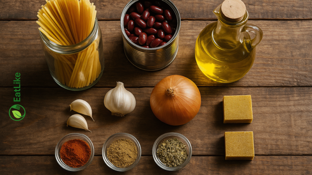 A flat lay of essential pantry staples for minimalist cooking including pasta, beans, garlic, and spices.