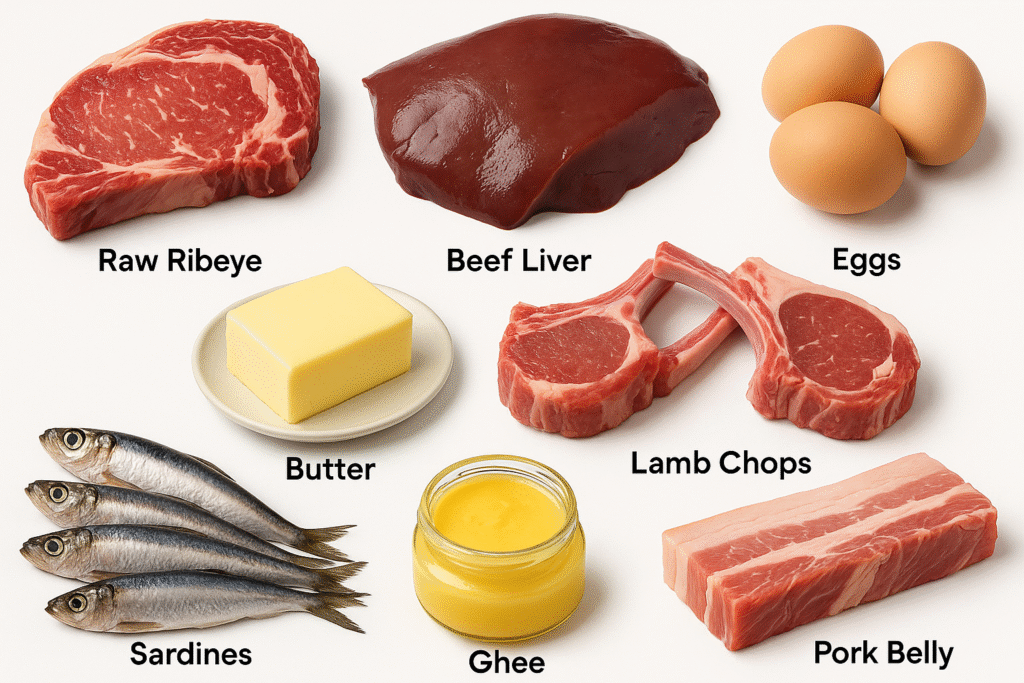 “Selection of top carnivore breakfast foods including steak, liver, eggs, and butter”