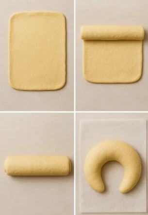 Step-by-step shaping of sourdough into crescent loaf form"