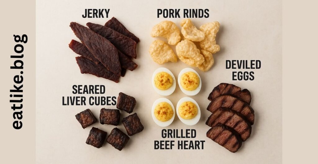 Top carnivore snack ideas arranged by type on flat lay