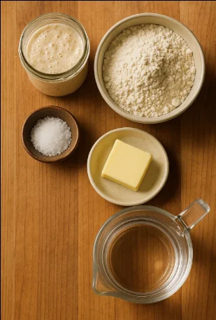 "Flat lay of ingredients for sourdough crescent bread including starter, flour, salt, and butter"