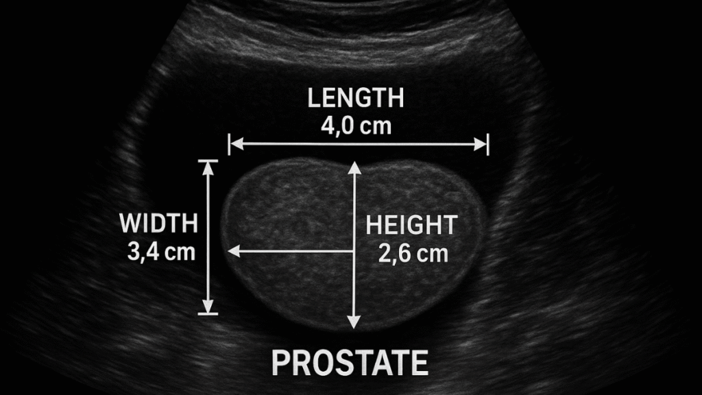 Ultrasound image showing prostate dimensions for volume estimation