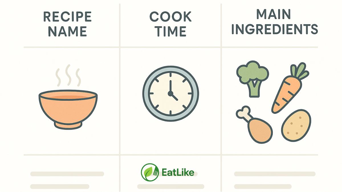 Visual summary table of easy dinner recipes for two with cook times and main ingredients.