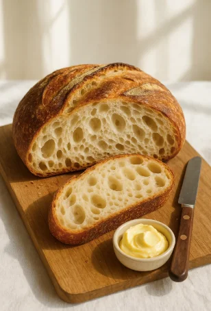 "Sliced sourdough crescent loaf with airy interior and golden crust"