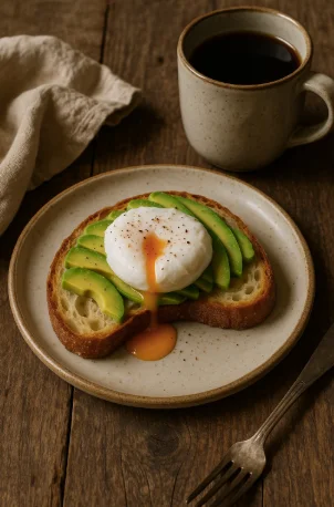 "Sourdough crescent slice served with avocado and egg for breakfast"