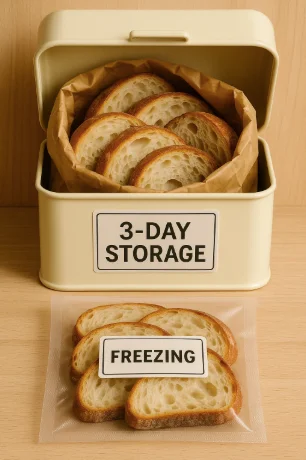 "Sourdough bread stored in bread box and vacuum-sealed for freezing"