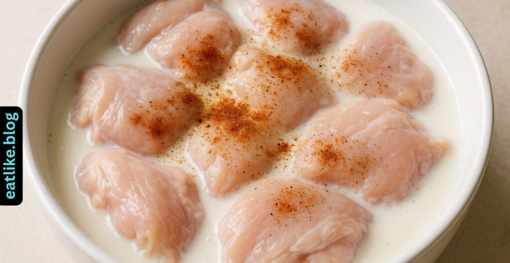"Chicken marinating in buttermilk with spices in a ceramic bowl"