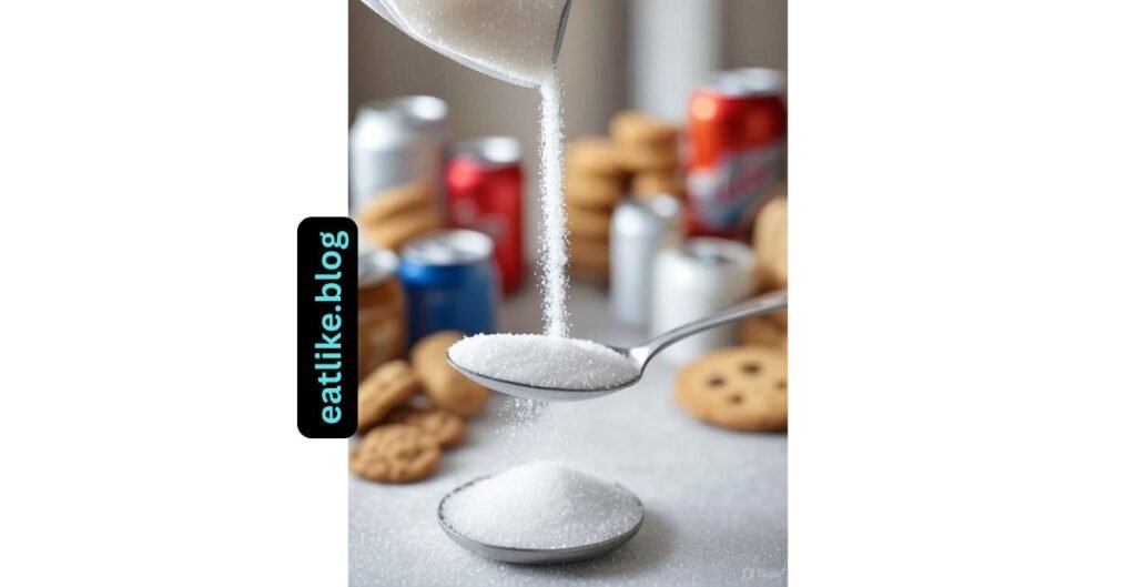 Close-up of refined white sugar being poured into a spoon or bowl. Blurred background with cookies, soda, or pastries.