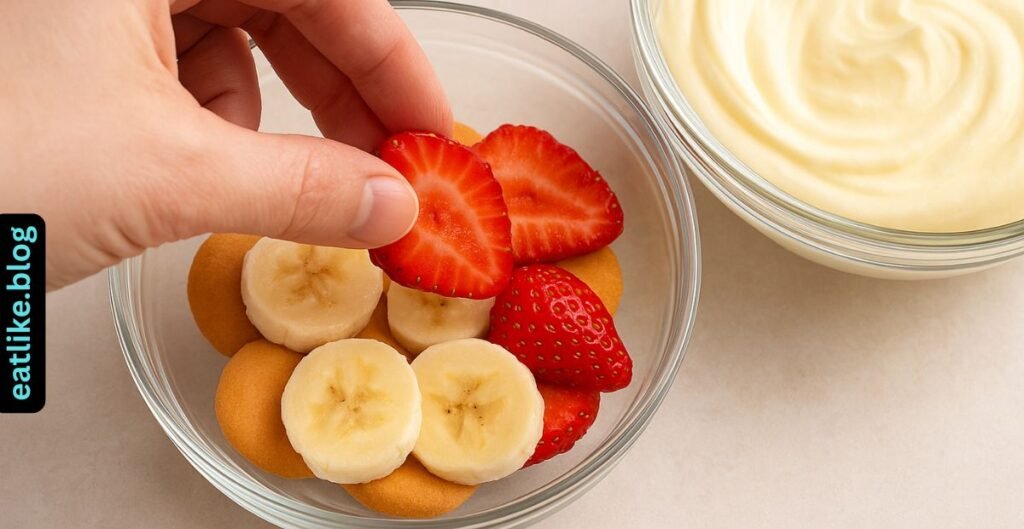 Hand layering bananas and strawberries over wafers in a dessert dish.