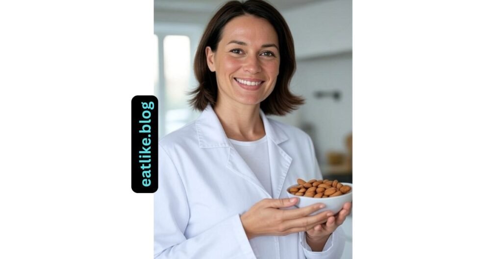 "Registered dietitian holding almonds while explaining their fat-burning benefits."