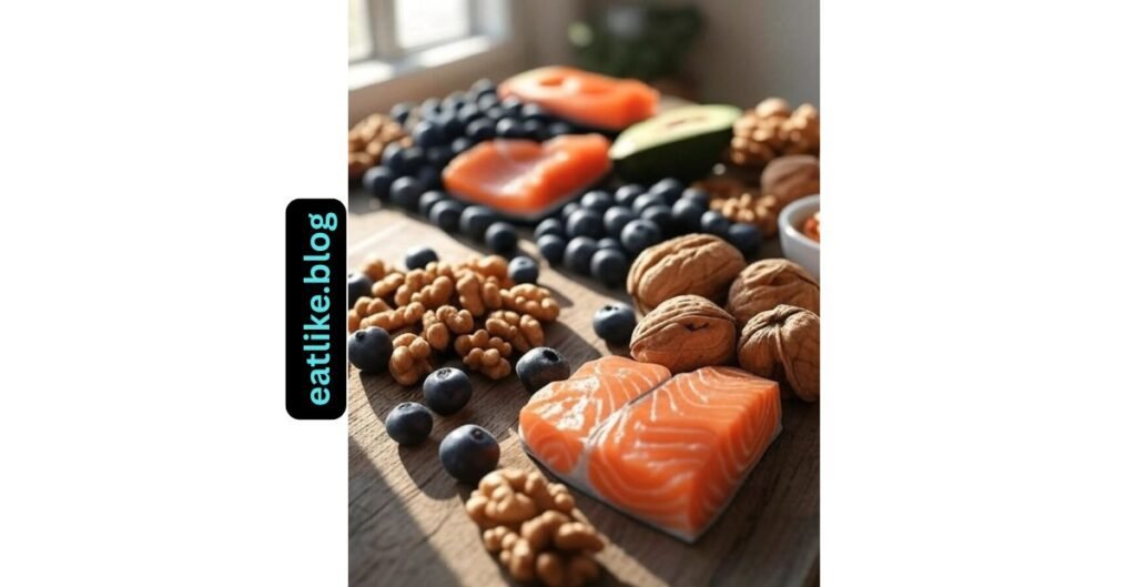Top brain foods including salmon, walnuts, and berries to improve cognitive function