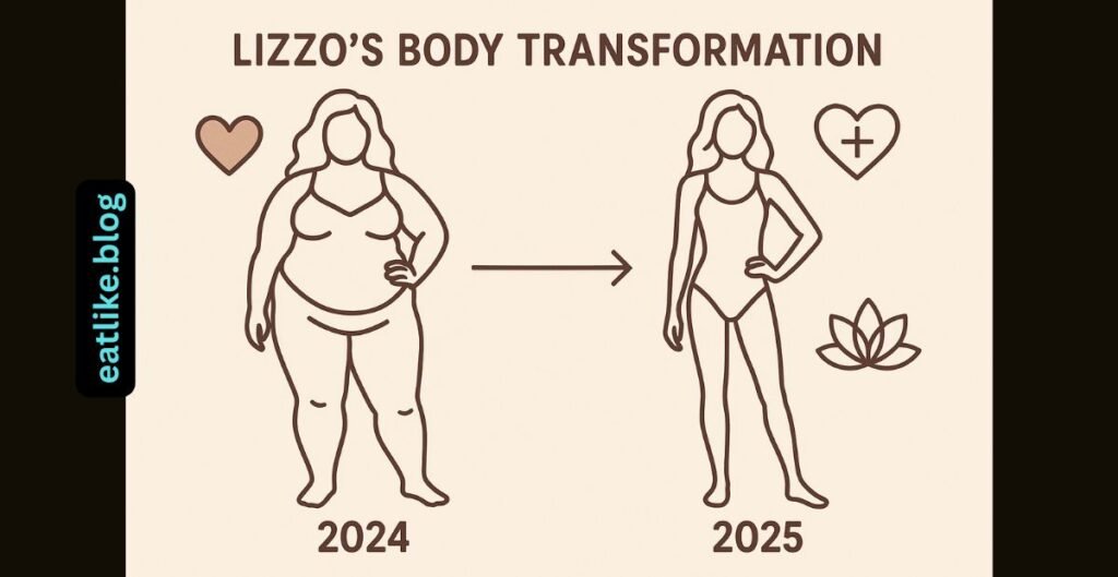 Visual timeline of Lizzo’s transformation from 2024 to 2025 with wellness symbols